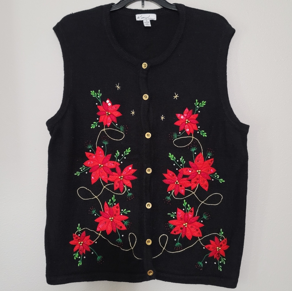 Women's X Large Ugly Christmas Vest Kim Rogers Black w/Poinsettias Button Front
